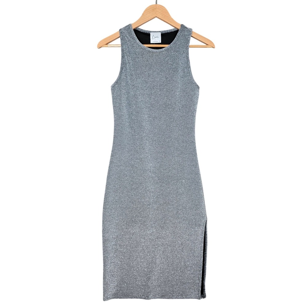 NWT Livi Women's Silver Metallic Lurex Side Slit Midi Dress Small